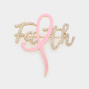 Pink Ribbon Brooch FAITH Gold Rhinestone Bow Cancer Pin Accessory Message